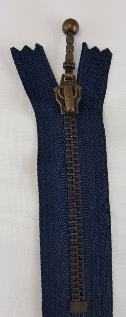 (Navy) Closed Bottom Decorative Zipper, Brass Teeth, 7''