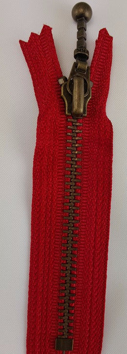 (Red) Closed Bottom Decorative Zipper, Brass Teeth, 4''