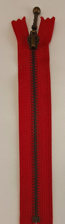 (Red) Closed Bottom Decorative Zipper, Brass Teeth, 7''