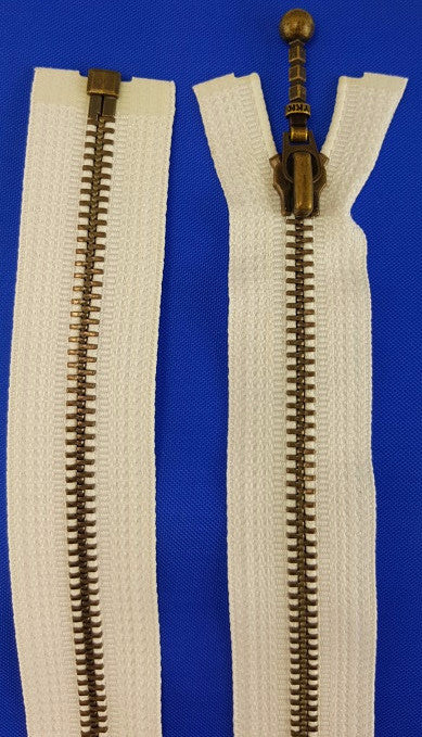 (White) Closed Bottom Decorative Zipper, Brass Teeth, 24''