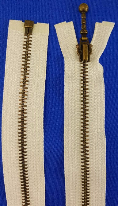 (White) Closed Bottom Decorative Zipper, Brass Teeth, 26''