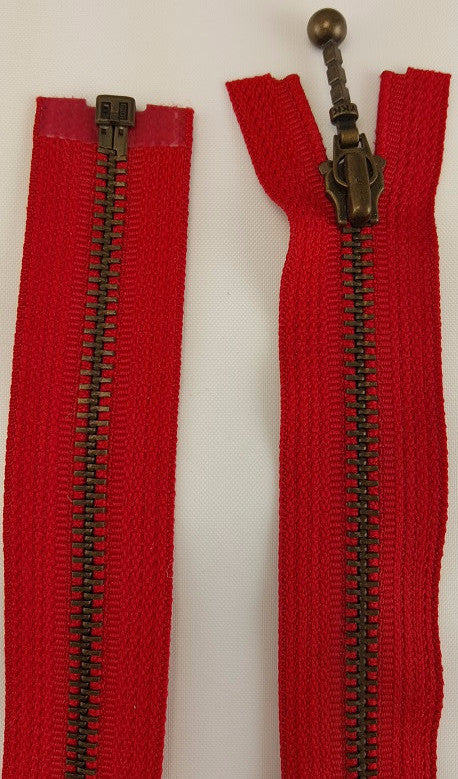 (Red) Closed Bottom Decorative Zipper, Brass Teeth, 24''
